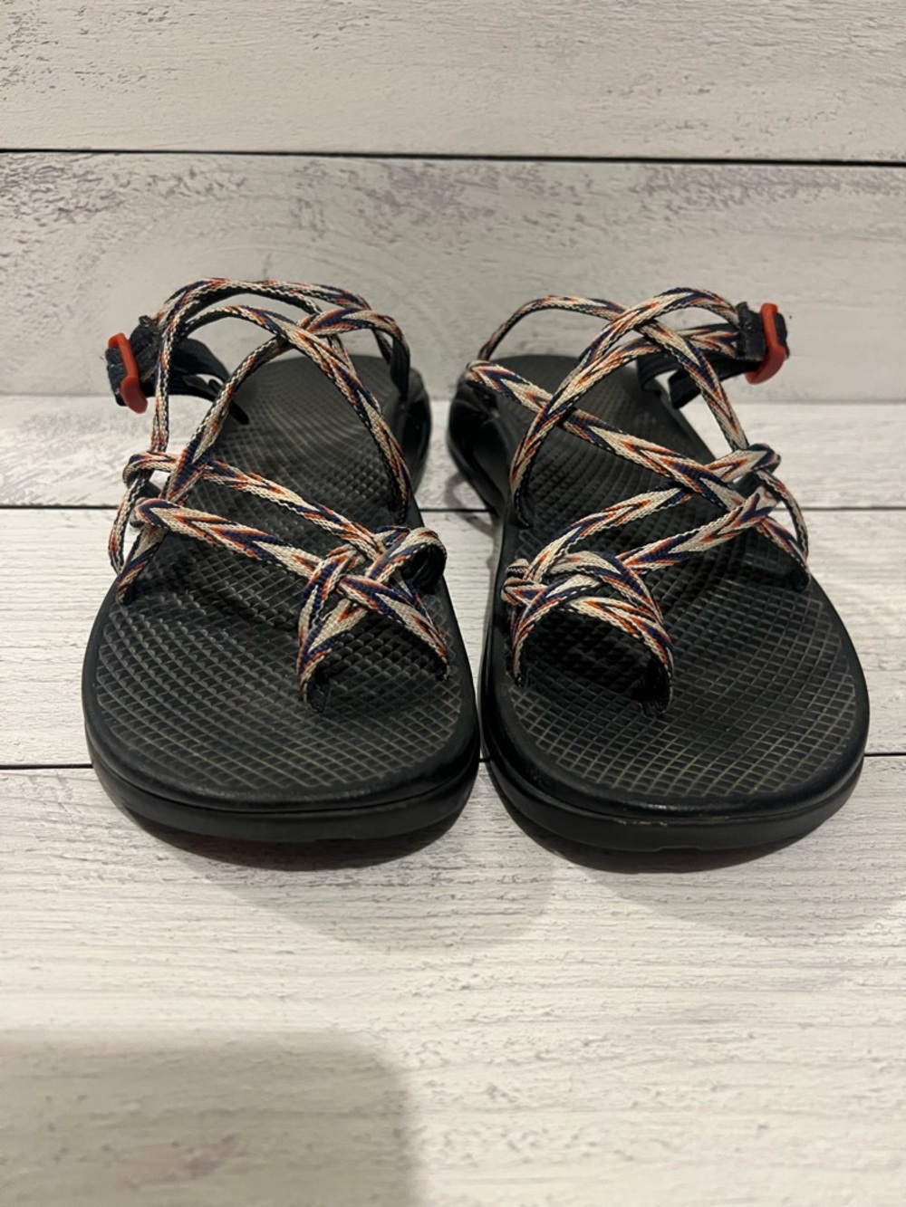Chaco Black Sandals with Multicolor Straps (Blue, Orange, White)